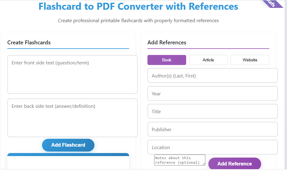 Flashcard to PDF Converter with References
